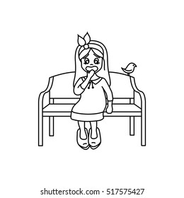 
Surprised girl sitting on a bench, a girl in a dress,