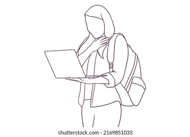 surprised girl student with backpack while using laptop. hand drawn style vector illustration