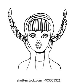 Surprised girl with two braids