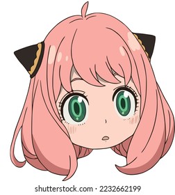 Surprised girl with wide open green eyes, pink blush on her cheeks, the girl has ears and lush pink hair, only a head without a body, pattern svg