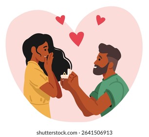 Surprised girlfriend getting marriage proposal from boyfriend romantic cartoon bubble scene. Happy loving couple portrait vector illustration. Dream come true, people relationships and love emotions