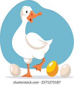 
Surprised Goose Laying a Golden Egg Vector Cartoon Illustration. Puzzled bird being excited about new fortune 
