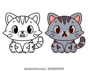 Surprised gray cartoon kitten in outline and color version, expressive cute cat character for kids coloring pages, emotional educational printables, sticker designs and nursery interior illustrations