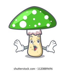 Surprised green amanita mushroom mascot cartoon