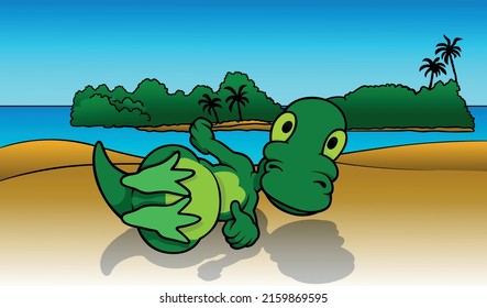 Sorprendido Dinosaurio Verde yacía a su lado - Colorida ilustración con fondo, vector
