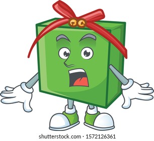 Surprised green gift box face gesture on cartoon style