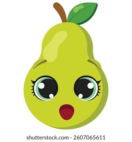 Surprised green pear with wide eyes and open mouth, isolated on white. Perfect for educational materials, food-related content, kids products, and fun design projects