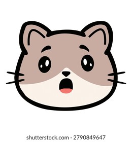 Surprised Grey and White Cat Face Vector - Adorable Shocked Kitten Character with Big Eyes and Open Mouth in Kawaii Style
