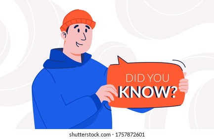 Surprised guy with light smile holding did you know speech bubble in his hands. Young man in hoodie and hat attracting attention to interesting facts