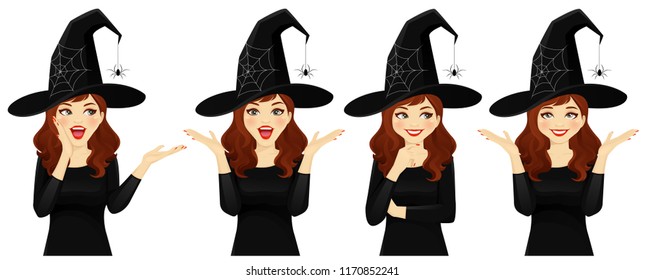 Surprised halloween woman in witch costume vector illustration