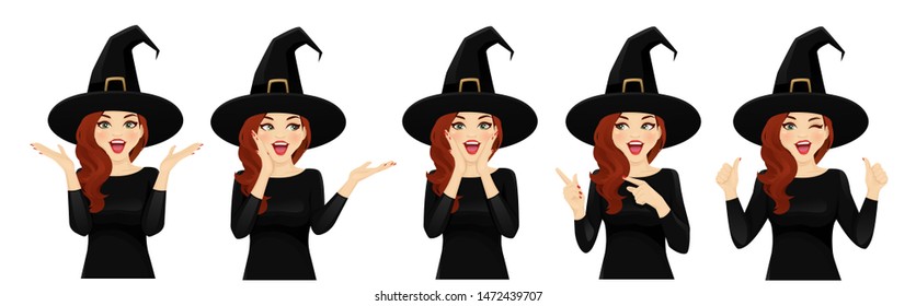 Surprised halloween woman in witch costume isolated vector illustration