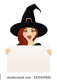 Surprised halloween woman in witch costume holding empty blank board isolated vector illustration