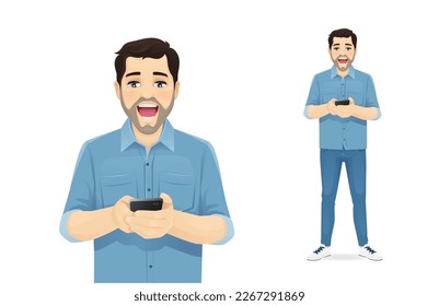 Surprised handsome man looking to the phone in his hands vector illustration