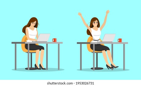 Surprised and happy businesswoman at laptop. Business woman success well done work concept. Female manager got promotion and raised hands up. Office employee received victory good news illustration