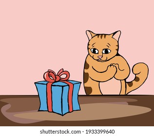 A surprised and happy cat that looks at a gift box. Vector illustration.