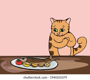 A surprised and happy cat that looks at a plate with fried fish. 