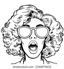 Surprised happy excited young attractive woman with open mouth, curly hair and sunglasses, vector illustration in vintage pop art comic style, outline