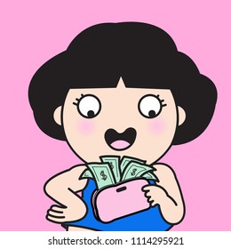 Surprised Happy Girl Having Found Banknotes Paper In Wallet Concept Card Character illustration