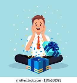 Surprised Happy Man With Open Gift. Vector Cartoon Design 