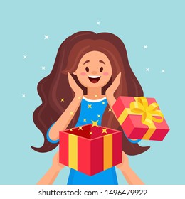 Surprised happy woman with open gift box. Vector cartoon design 