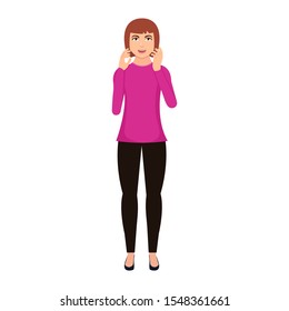 Surprised happy woman puts her hand to her face in flat style vector illustration isolated on white background.