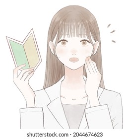 Surprised to have a beginner mark, a woman in a white coat. On a white background.