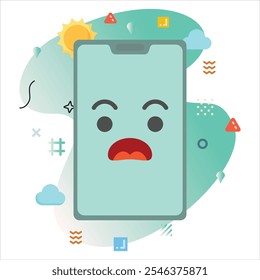 Sorprendido emoji desconsolado en una pantalla de teléfono inteligente: diseño moderno de ilustración con un toque creativo de coloridos Elementos geométricos | Sorprendido diseño de icono de emoji desconsolado en la pantalla del teléfono inteligente