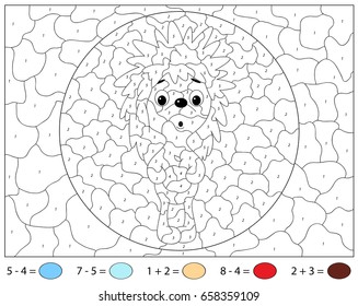 Surprised hedgehog with red apple. Color by number educational game for schoolchild and preschool kids