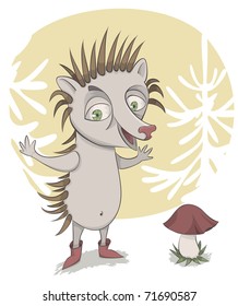 The surprised hedgehog, which has found the mushroom.