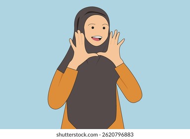 Mulher hijab surpreendida reclina nas mãos e grita