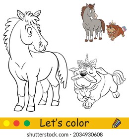 Surprised horse and dog in unicorn costume. Halloween concept. Coloring book page for children with colorful template. Vector cartoon illustration. For print, preschool education and game