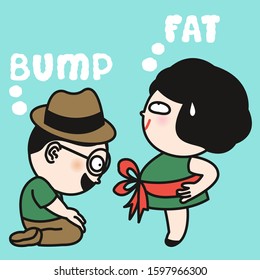 Surprised Husband With A Baby Bump, Pregnant Belly Or Just A Belly Fat Wife And A Christmas Red Bow On Her Stomach Concept Card Character illustration