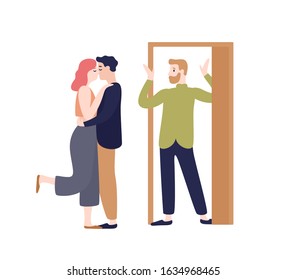 Surprised Husband Coming Home Looking To Wife Kissing With Another Man Vector Flat Illustration. Adultery, Cheating On Spouse, Family Destruction Concept. People At Love Triangle Isolated On White