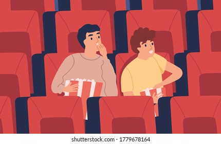 Surprised, Interested Young Man, Boys At Movie Theater Eating Popcorn In Empty Cinema Hall. Teenager Friends, Two Excited Boys Watching Film, Sitting In Armchair. Flat Vector Cartoon Illustration