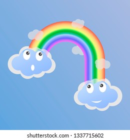 Surprised and joyful clouds and a rainbow between them. Vector illustration