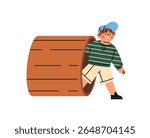Surprised kid in cap looks outside hole in log. Shocked child is peeps, peeking out. Amazed, astonished cute little boy plays in park in summer. Flat isolated vector illustration on white background