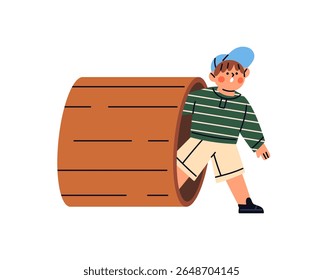 A criança surpresa no boné olha para fora do buraco no tronco. Uma criança chocada é um espião, espiando. Incrível, surpreendentemente menino bonito brinca no parque no verão. Ilustração de vetor isolado plano sobre fundo branco