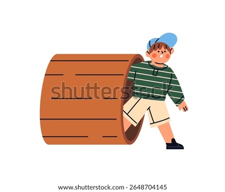 Surprised kid in cap looks outside hole in log. Shocked child is peeps, peeking out. Amazed, astonished cute little boy plays in park in summer. Flat isolated vector illustration on white background