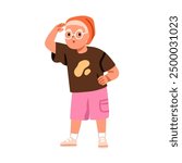 Surprised kid looking at distance. Cute curious excited child, shocked boy in glasses watching far away, exploring, seeking with hand at forehead. Flat vector illustration isolated on white background