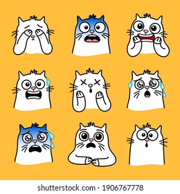 Sorprendente juego de gatitos. Caricatura emoji creativo de gatos, imágenes gráficas de mascotas asombradas, emociones de ilustraciones vectoriales de gatos graciosos aislados en el fondo amarillo