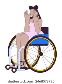 Surprised latin american woman in wheelchair 2D linear cartoon character. Disabled hispanic female isolated line vector person white background. Disability inclusion color flat spot illustration