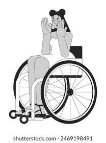 Surprised latin american woman in wheelchair black and white 2D line cartoon character. Disabled hispanic female isolated vector outline person. Disability monochromatic flat spot illustration