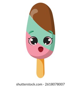 Surprised layered ice cream on a stick with mint, pink, and chocolate colors