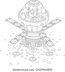 Surprised little boy astronaut looking through the board window of a scientific spaceship with solar panels after landing on the surface of the Moon, black and white vector cartoon illustration