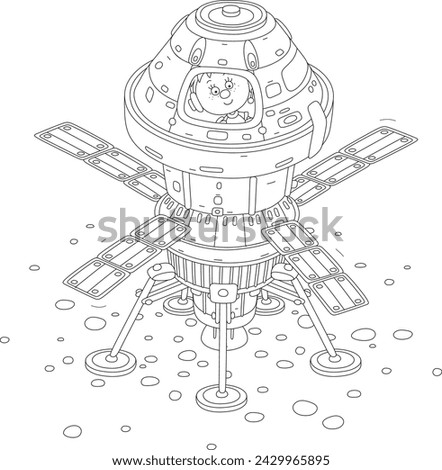 Surprised little boy astronaut looking through the board window of a scientific spaceship with solar panels after landing on the surface of the Moon, black and white vector cartoon illustration