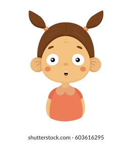 Surprised Little Girl Flat Cartoon Portrait Emoji Icon With Emotional Facial Expression