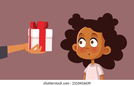 

Surprised Little Girl Receiving a Birthday Girl Vector Cartoon Illustration. Funny child feeling curious and shy receiving a present 
