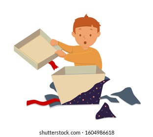 
Surprised little  kid open his present box. Cartoon character design.  Vector illustration 