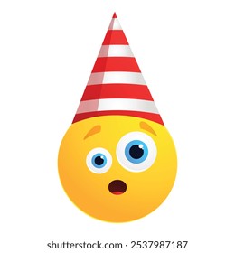 Surprised looking emoji wearing a red and white birthday hat, perfect for party invitations or festive greetings