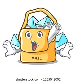 Surprised mail bag character on table front